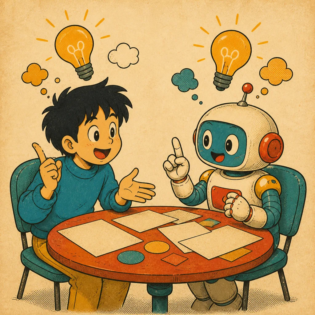 Manusia dan robot duduk berhadapan dengan lampu ide menyala di atas kepala