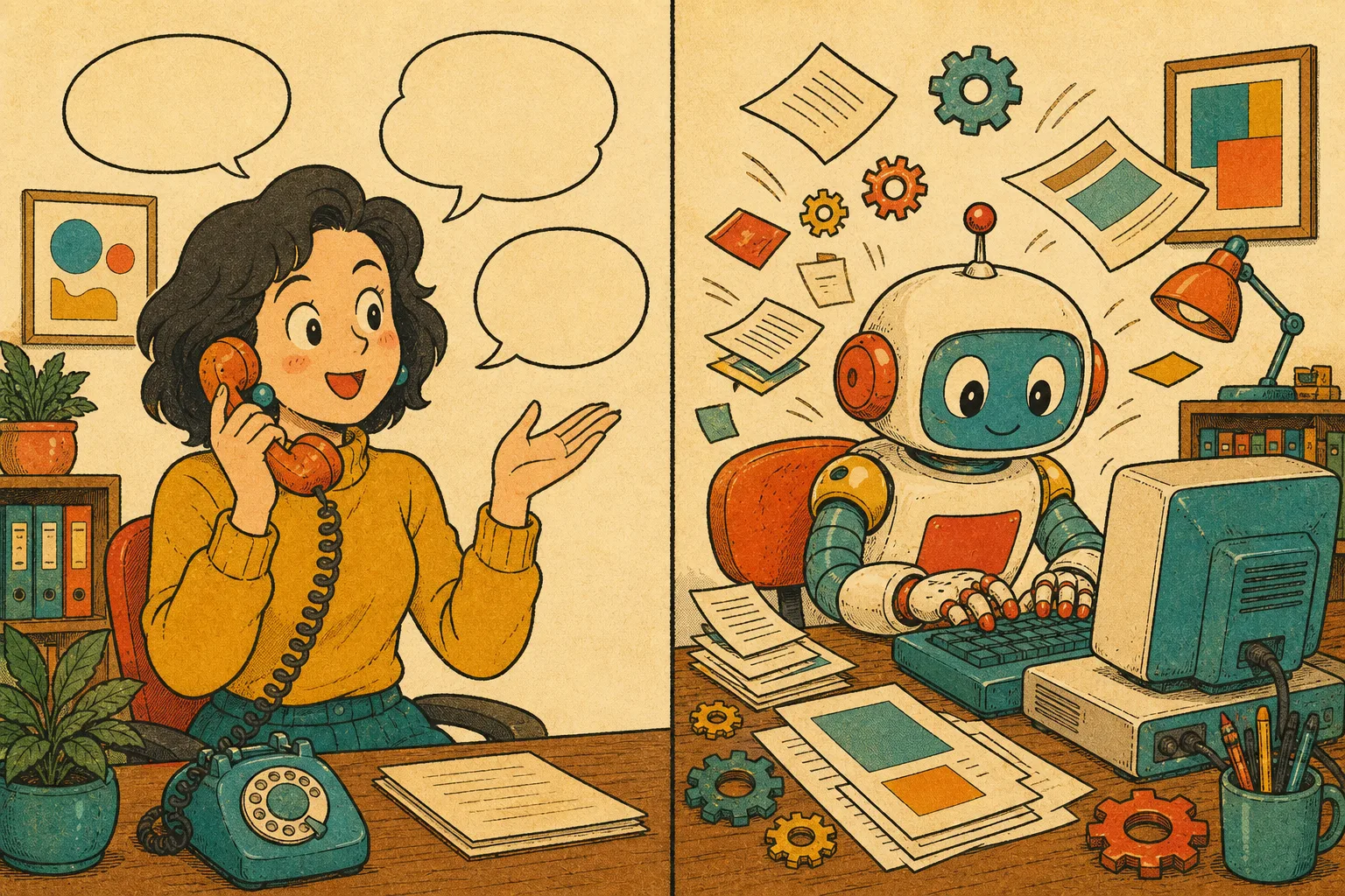 Kiri: orang chatting dengan balon kata. Kanan: robot aktif bekerja di komputer