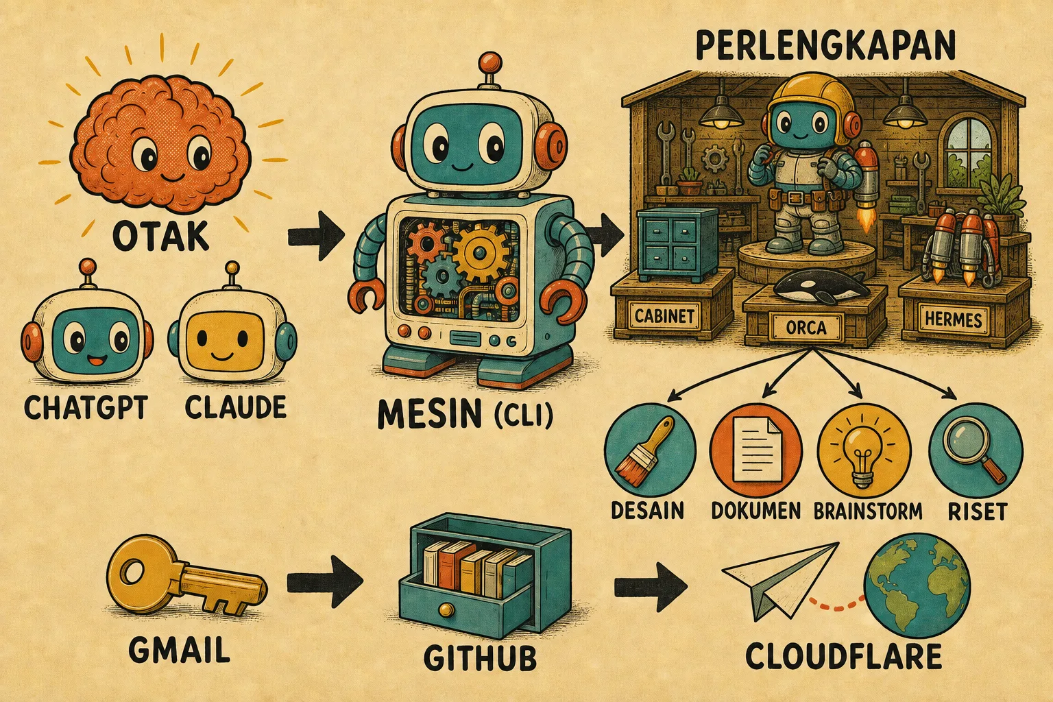 Diagram alur: OTAK (ChatGPT, Claude) → MESIN (CLI) → PERLENGKAPAN (Cabinet, Orca, Hermes) → Desain, Dokumen, Brainstorm, Riset; di bawahnya GMAIL → GITHUB → CLOUDFLARE