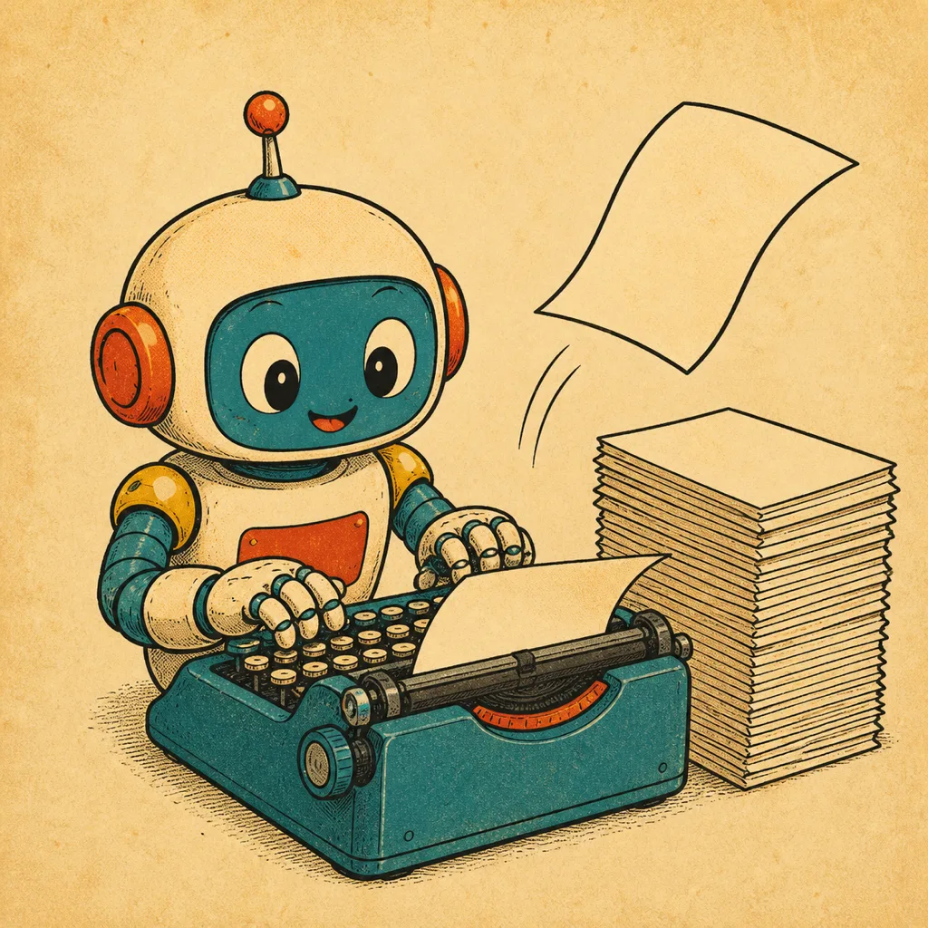 Robot mengetik di mesin tik dengan tumpukan dokumen rapi