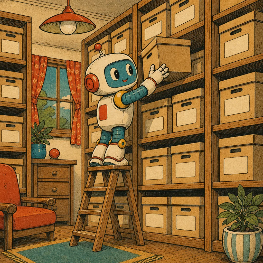 Ruang arsip dengan rak kotak tertata rapi, robot menata satu kotak