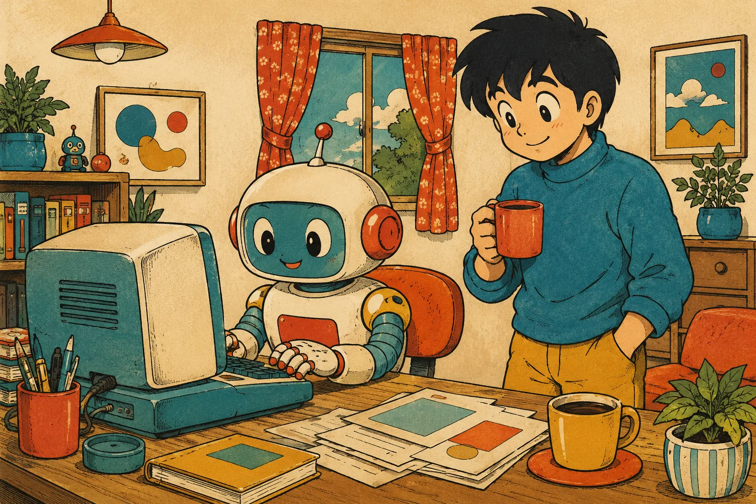 Robot asisten bekerja di depan komputer, ditemani manusia yang santai memegang gelas kopi