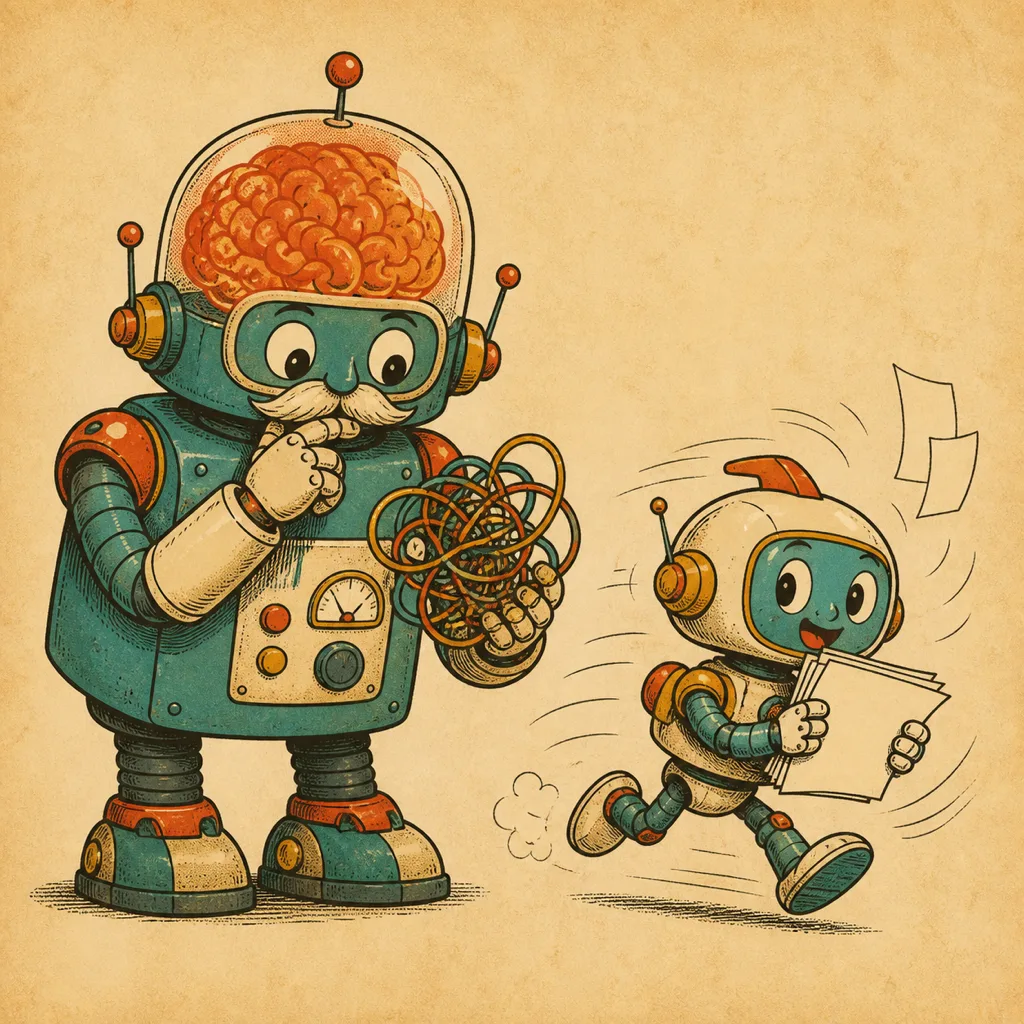 Robot besar berpikir keras memecahkan puzzle, robot kecil gesit membawa kertas ringan