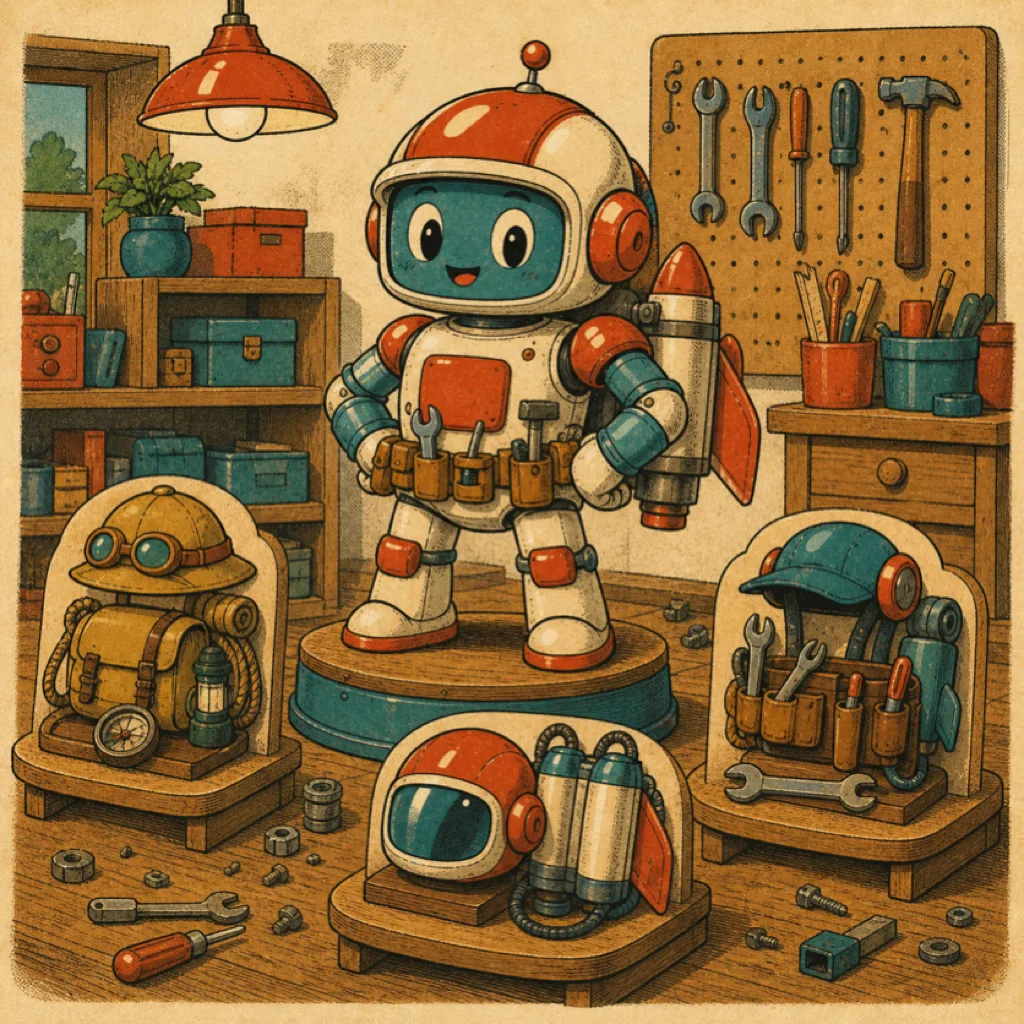 Robot dipasangi perlengkapan — helm, tool belt, dan jetpack — di bengkel kecil