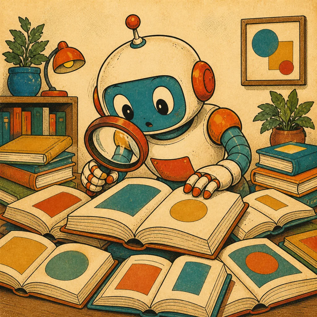 Robot memegang kaca pembesar dikelilingi tumpukan buku terbuka